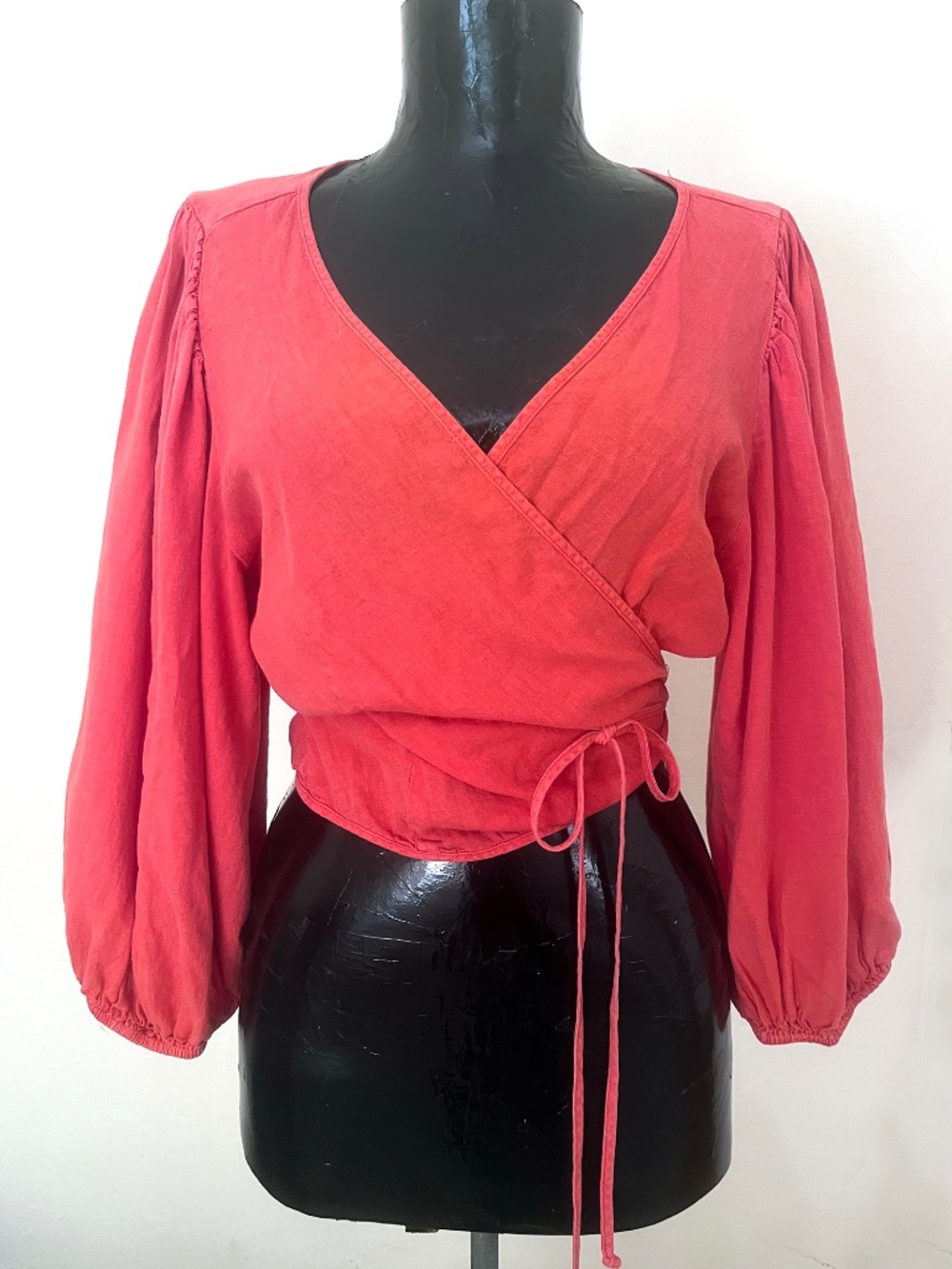 young fabulous & broke salmon-colored linen/rayon wrap top with blousy sleeves